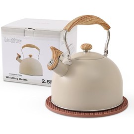 LONFFERY Tea Kettle for Stove Top, 2.5 Quart Whistling Tea Kettle, with Food Grade Stainless Steel and Wood Pattern Folding Handle, Creamy White
