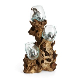 Cohasset Molten Glass Triple Terrarium | 19" Tall Teak Wood with (3) 10cm Recycled Glass Vessel