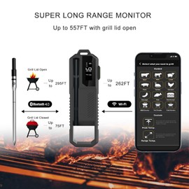 Wireless Smart Meat Thermometer, 557FT Remote Monitoring, Dedicated App, Real-Time Ambient and Food Temperature Tracking for Precise Cooking Control,BBQ,Grill,Smoker