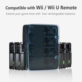 Battery Charger for Wii & Wii U Remote Controller,4pcs 2800mAh NiMH Rechargeable Battery Packs with 4-in-1 Charging Station for Wii & Wii U Game Remote [ Latest Upgrade Version]-Black