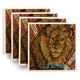 Lion, Mosaic Series (Absorbent Ceramic Coasters Set of 4 Matching Images, Cork Back, Kitchen Table Decor)