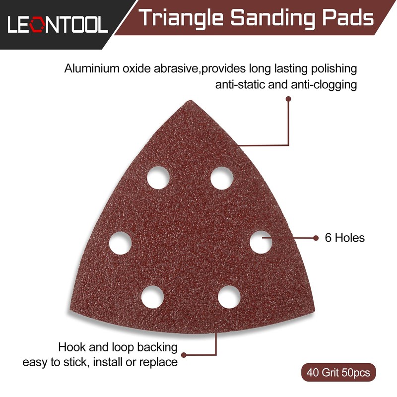 LEONTOOL 50 Pcs Triangle Sanding Pads 40 Grit 3-1/2 Inches