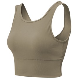 Workout Crop Tank Tops for Women Solid Comfort Sleeveless Shirts for Casual Sports Fitness Yoga Reversible Ribbed Tops Khaki M