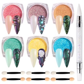 SUTOKAKA 6 Color Chrome Nail Powder Set Bright Iridescent Aurua Nail Glitter Dust Sequins Holographic Metallic Mirror Effect Pigment for Nail Gel Home Manicure Salon Use