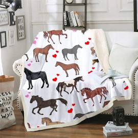 Loussiesd Cute Horse Blanket Throw for Kids Girls Ponies Heart Fleece Blanket All Season Plush Blanket Couch Sofa Throws Cartoon Farm Animals Sherpa Blanket Horse Fuzzy Blanket Single 50"x60"