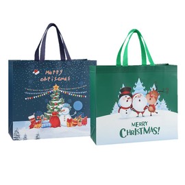LZRinue 2 Pack Large Christmas Tote Bags, Reusable Tote Bag With Handle Non-woven Fabric Christmas Shopping Bag Foldable Waterproof Christmas Treat Grocery Bag for Xmas Gift Party Decoration