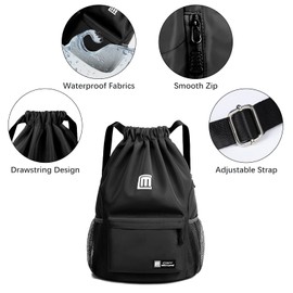 Sarmeley Drawstring Backpack Bags, Printed Drawstring Gym Bag for Men Women Girls Boys, Large Drawstring Bags Waterproof Swimming Bag Draw String Bag for Shopping Yoga Sport Travel, Black