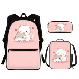 HELLHERO 3 Piece School Bag Set Boys Girls Backpack Lunch Bag Pencil Case, Cat 2