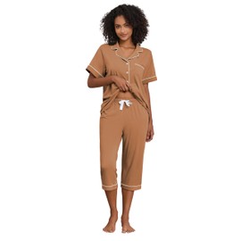 ANLIQI Women's Pajamas Sets Cotton Capri Pajamas Modal Short Sleeve & Capri Pants Button Down Pjs Soft Sleepwear Summer(BN,L) Brown