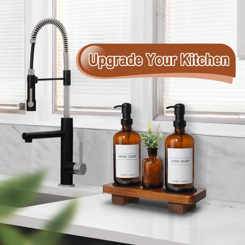 Kitchen Soap Dispenser Set with Wood Riser Tray, Amber Glass
