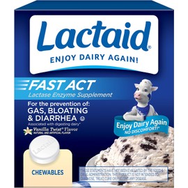 Lactaid Fast Act Lactose Intolerance Relief Chewables with Natural Lactase Enzyme to Prevent Gas, Bloating & Diarrhea Due to Lactose Sensitivity, On-the-Go, Vanilla Twist Flavor, 60 x 1 ct