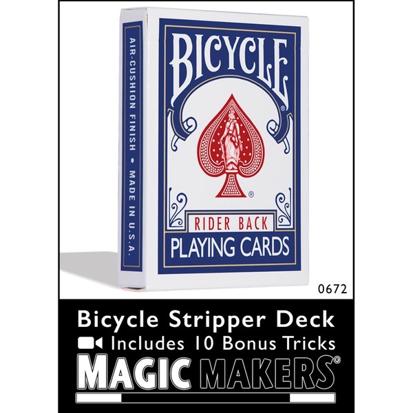 Magic Makers Bicycle Stripper Deck with 10 Bonus Tricks (Blue) - Tapered Magic Trick Deck