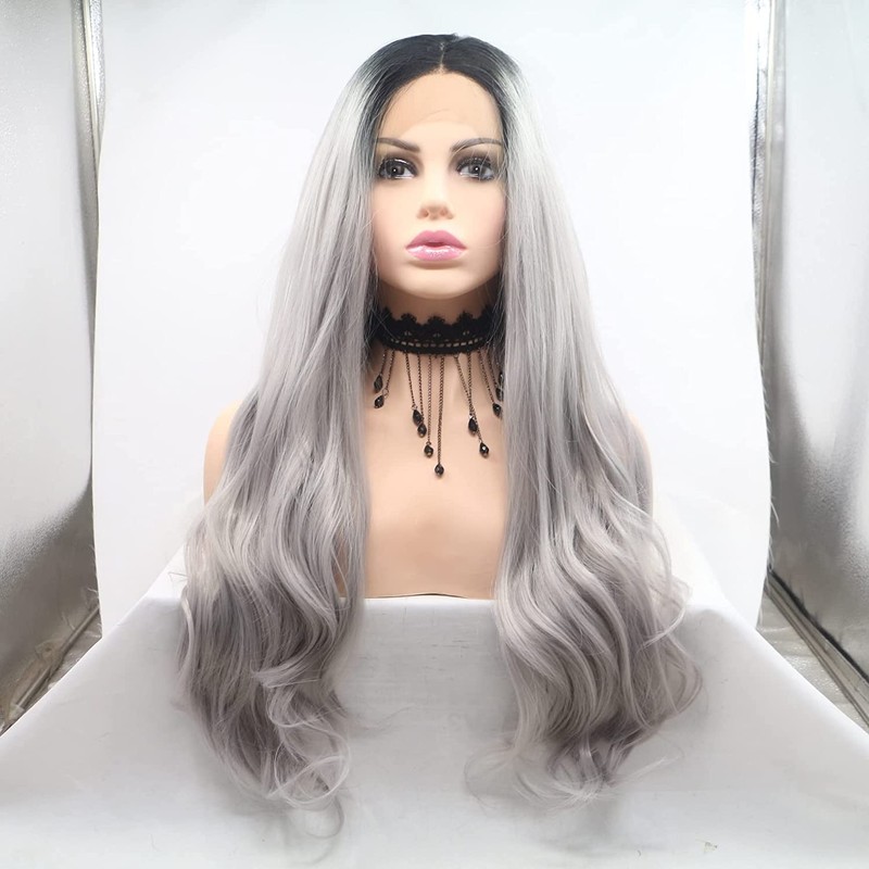 Ombre Grey Synthetic Lace Front Dark Roots Waves Silver Grey