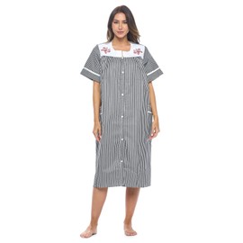 Casual Nights Women's Snap - Front House Dress Short Sleeve Woven Housecoat Duster Lounger Robe with Pockets - Black Stripe - 3X-Large