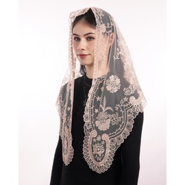 Bozidol Women's Triangle Catholic Church Mantilla Veils, Traditional Champagne Camellia Floral Embroidered Chapel Veil, Latin Mass Prayer Lace Head Coverings