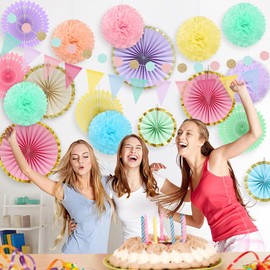 Wonsta Pastel Party Decorations for Birthday Parties, Weddding Decor 19pcs Hanging Paper Fans, Pom Poms Flowers, Garlands String Polka Dot and Triangle Bunting Flags