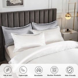Morbuy Silk Satin Double Duvet Cover with 2 Pillowcases, White Bedding Set Easy Care Duvet Cover Set with Zipper Closure - Luxury Ultra Soft Quilt Cover 3 Piece - 200x200cm