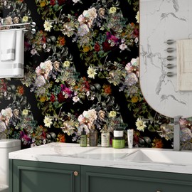 FunStick Vintage Black Floral Wallpaper Moody Green Leaf Florals Peel and Stick Wallpaper for Bedroom Bathroom Removable Pink Black Floral Contact Paper for Walls Cabinets Drawers Waterproof 17.5x118