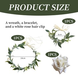 EPCDBBRT 1 Piece Of Green Leaf Garland, 1 Piece Of Green Leaf Bracelet, 1 Piece Of White Rose Hairpin, Simple Forest Headband, Bridal Headwear, Photo Accessories