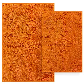 Luxury Chenille Bath Rug, Non-Slip Bathroom Rugs Set, Extra Soft, and Absorbent Shaggy Bathroom Mat Rugs, Plush Bathroom Carpet Runner for Tub, Shower, and Bath Room(24''x17''+20''x32'', Orange)