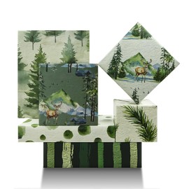 Green Watercolor Wrapping Paper,Christmas Woodland Reindeer Gift Wrapping Paper 6 Sheets 6 Designs,Xmas Forest Cedar Gift Wrap Paper For Merry Christmas New Year Baby Shower Scrapbook DIY Crafts