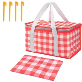 Insulated Picnic Bag with Leakproof Liner Foldable Reusable Cooler Basket Includes Disposable Picnic Mat Sturdy Handle Ideal for Outdoor Activities Travel Beach Camping (Red)