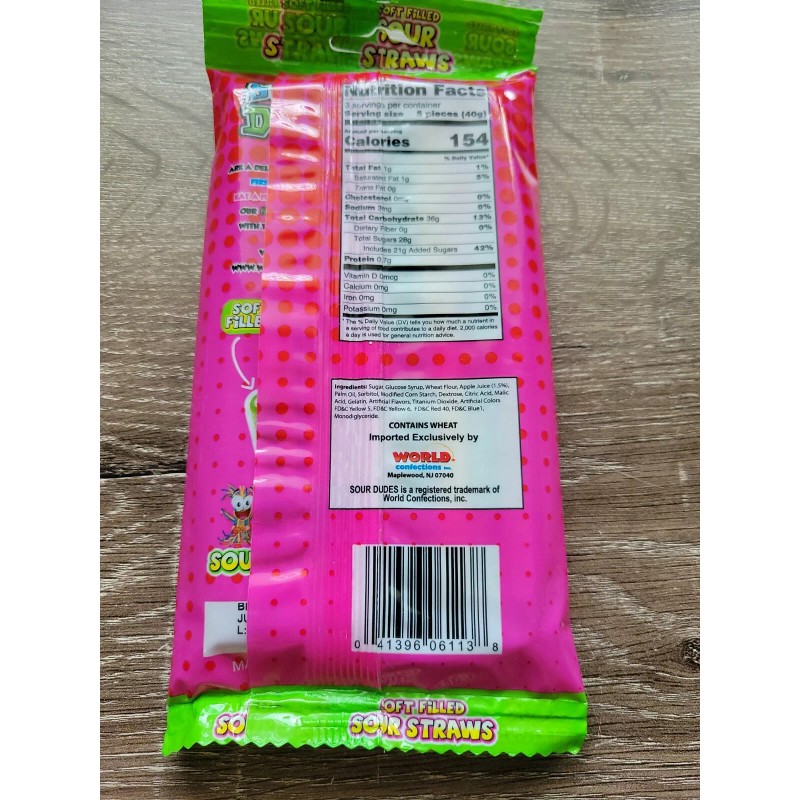 World Confections Sour Dudes Candy, Soft Filled Sour Straws.1ea 4.5oz