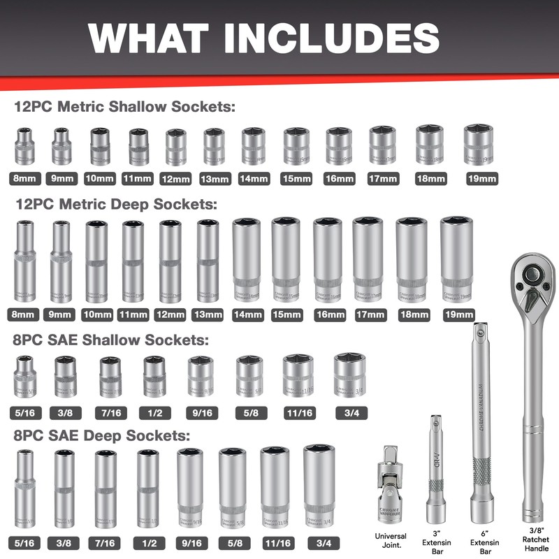 EACELIY 44pcs 3/8" Drive Impact Socket Set,Drive Master Socket Set,SAE/Metric,