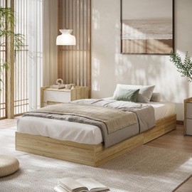 Twin Size Solid Wood Platform Bed with Sturdy Wooden Slats, Floor-Standing Bed Frame, Modern Minimalist Design Space-Saving Bed Frame, No Box Spring Needed, Space Saver, Easy Assembly, Golden Tan Wood