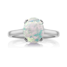 Gem Stone King 925 Sterling Silver White Simulated Opal and Black Diamond Women Solitaire Ring (2.03 Ct Oval Cabochon Cut) (Size 7)