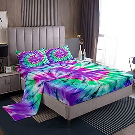 Feelyou Boho Tie Dye Sheet Set Purple Teal Bohemian Gypsy Bed Sheets Spiral Tie Dye Fitted Sheet 4 Piece Bedding Includes 1 Sheets, 1 Flat Sheet, 2 Pillowcases Wrinkle, Fade Resistant (Full)