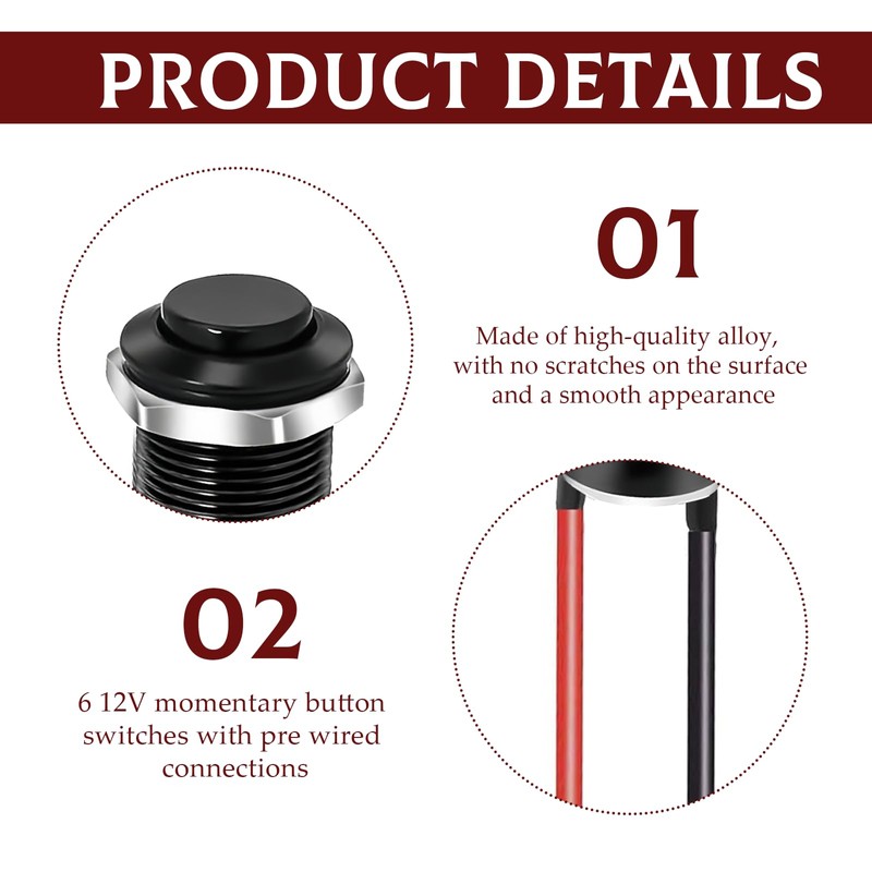 6Pcs 12MM Black Metal Push Button Switch - Self-Locking &