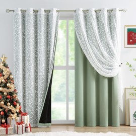 Jubilantex Mix Matched Curtain Set Green Solid Blackout Curtains & Leaf Sheer Lace Set for Bedroom Darkening Window Treatment Set for Living Room,Grommet Top,52" Wx95 L,Green & White