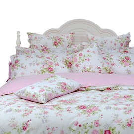 FADFAY Rose Floral Duvet Cover Set Pink Grid Cotton Girls Bedding with Hidden Zipper Closure 3 Pieces, 1duvet Cover & 2pillowcases,Queen Size