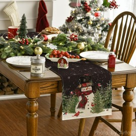 Artoid Mode Snowman Birds Trees Christmas Table Runner, Seasonal Black Winter Holiday Kitchen Dining Table Decoration for Home Party Decor 13 x 48 Inch