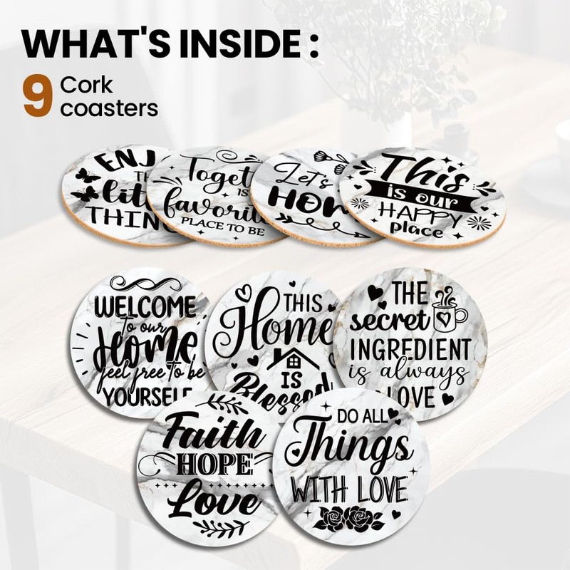 ANATTASOUL Cork Coasters, Pack of 9 Blessings for Home, Cork