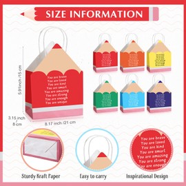 Sweetude 24 Pcs Back to School Students Gifts, Inspirational Pencil Shaped Paper Bags with Handles Bulk, Colorful Gifts Bags for Teachers First Day of School Classroom Party Decorations