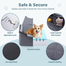 Jaoul Dog Booster Car Seat for Small/Medium Dogs - Memory Foam Elevated Cushion Car Seat - Fully Detachable and Washable Pet Portable Car Seat with 2 Clip-On Safety Leashes(Gray,6" H,Lace Trim)