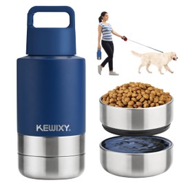 KEWIXY Insulated Dog Travel Water Bottle with Detachable Bowls, 3 in 1 Portable Dog Water Bottle Dispenser, Dog Accessories for Walking, Hiking, Camping, Outdoor (Navy Blue, 32 Oz)