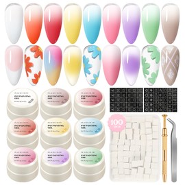 PEACECOLOR Gel Nail Set, Gradient Gel, 9 PC Spring and Summer Colors, 100 Pieces Nail Sponge & Grab Pen Included, Nail Sticker, Nail Art Tool, Nail Light, Color Gel Kit, Self Nail, Beginners, Gift