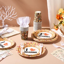 Vercraft 122 Pcs Book Theme Party Decorations Book Club Party Supplies Set(Serves 24) Includes Tableware Banner Paper Plate Cup Napkin Forks Tablecloth Library Reading Lover Table Decorations