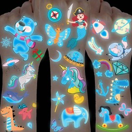 20 Sheets Cartoon Blue Luminous Temporary Tattoos For Kids Boys Girls, 3D Dinosaur Unicorn Glow In The Dark Fake Tattoo Sticker Face, Ocean Space Butterfly Night Glitter Tattoos Goodie Bags Stuffers