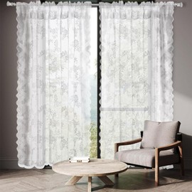Set of 2 White Transparent Curtains: White Lace Curtain H 200 x W 150 cm, Tulle Curtain, White Curtains with Floral Embroidery, Transparent Curtain for Living Room, Patio, Bedroom, Wedding Decoration