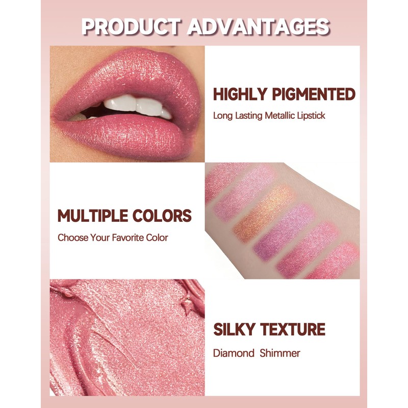 Purple Glitter Lipstick for Women, Metallic Shimmer Long Lasting Lip