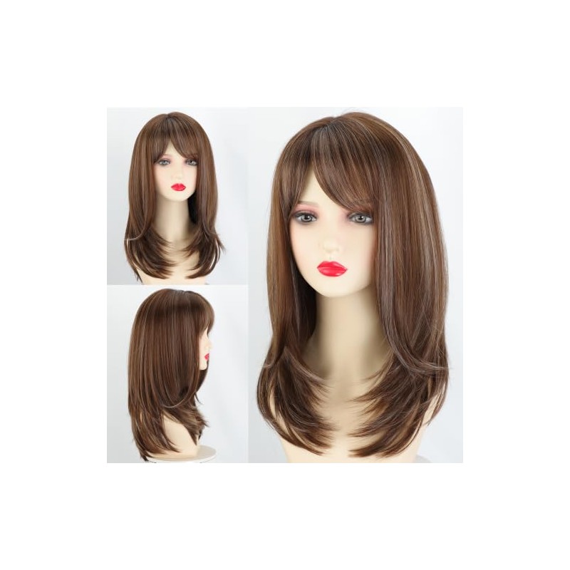 TISHINING Pelucas marrones para mujeres blancas, longitud media, capas, mezcla