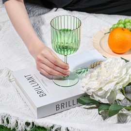 12 PCS Plastic Ribbed Wine Glasses 11oz Green Detachable Wine Goblet Vintage Ripple Water Goblets Cocktail Drinking Cups for Parties Weddings Poolside Outdoors