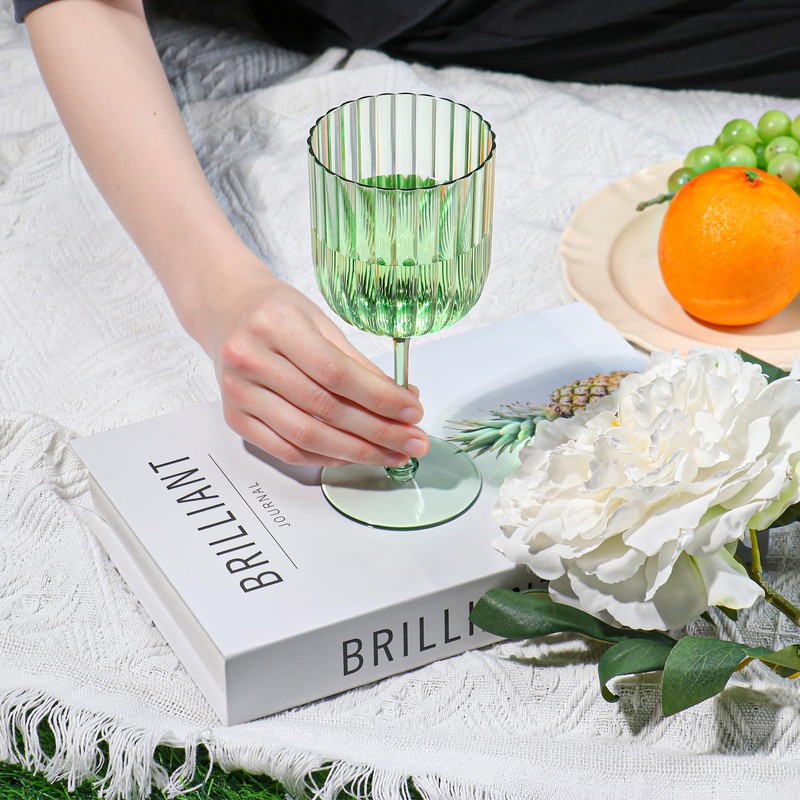 12 PCS Plastic Ribbed Wine Glasses 11oz Green Detachable Wine