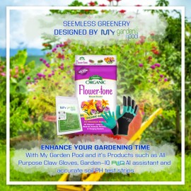 Espoma FT18 Organic Flower-Tone 3-4-5; 18 lb. Bag with My Garden Pool PH Soil Test Strips 20 ct, and My Garden Pool Superior Gardening Claw Gloves and Garden-IQ, Smart Gardening AI Assistant