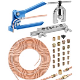 Turnirace 25 ft 3/16in Copper Coated Brake Line Flaring Tool Kit, Includes 3-in-1 Tube Bender, Double & Single Flaring Tool Set, 2 Threads Unions, 20 Fittings