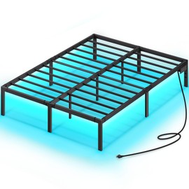Rolanstar Bed Frame with USB Charging Station, Full Bed Frame with LED Lights, Platform Bed Frame with Heavy Duty Steel Slats, 14" Storage Space Beneath Bed